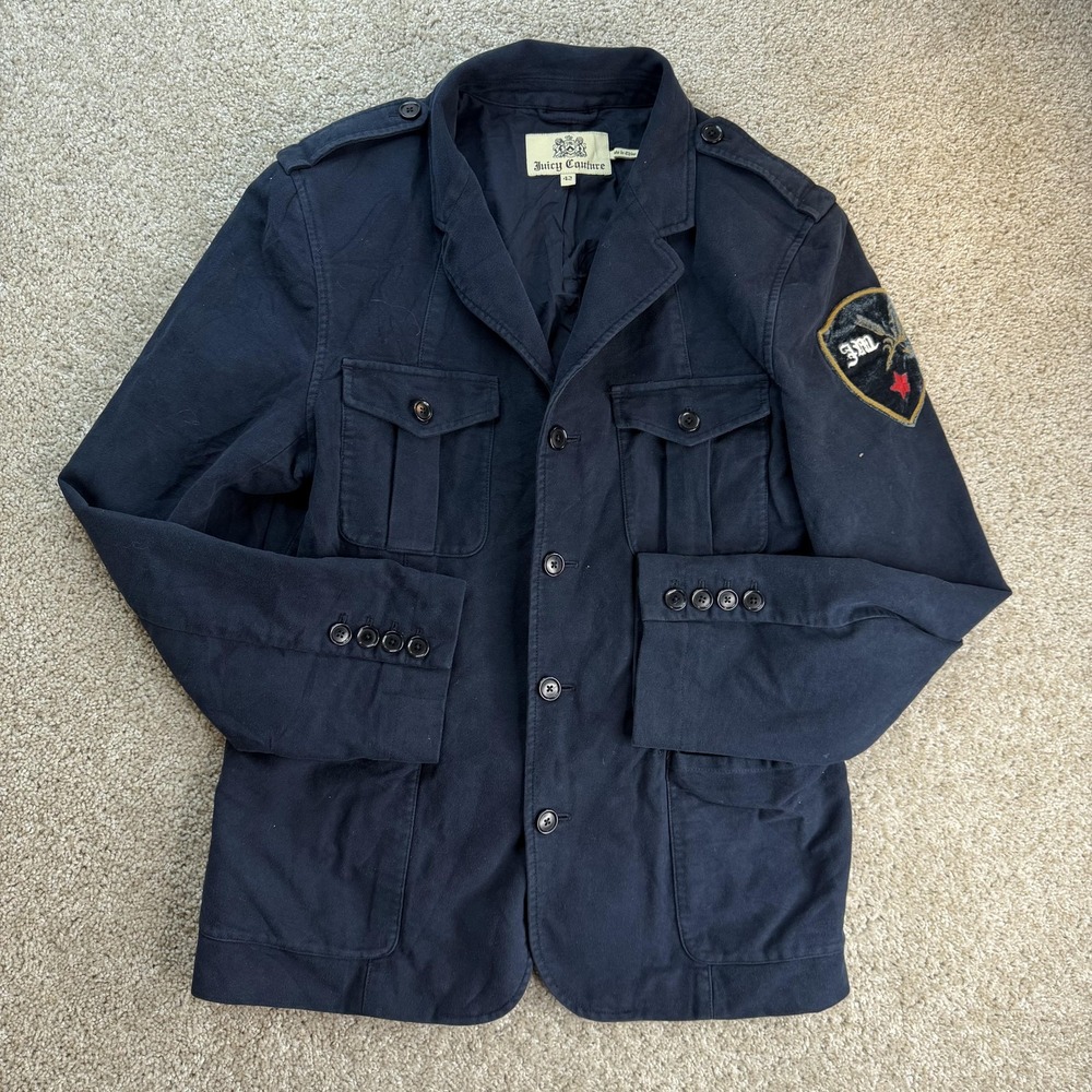 Juicy Couture Jacket Womens 42 Blue Cotton Twill Military Collared Pockets